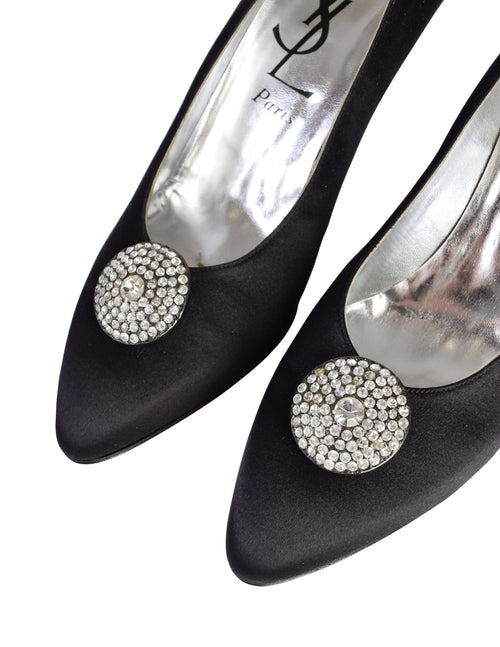 Yves Saint Laurent Vintage Black Satin Rhinestone Disc