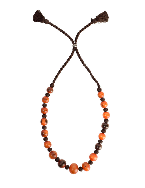 Yves Saint Laurent Vintage 1990s Orange and Brown Horn Beaded Passementerie Tassel Necklace