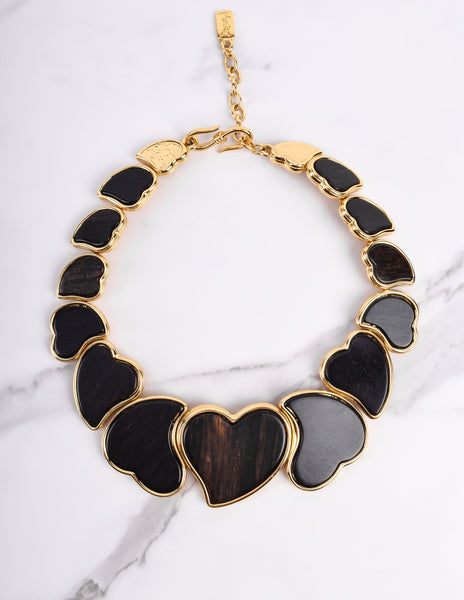Yves Saint Laurent Vintage Golden Ebony Wood Heart Necklace