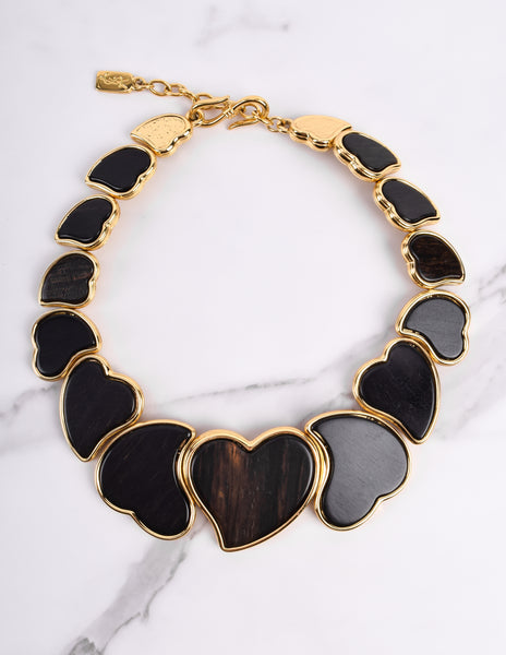 Yves Saint Laurent Vintage Golden Ebony Wood Heart Necklace