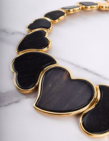 Yves Saint Laurent Vintage Golden Ebony Wood Heart Necklace