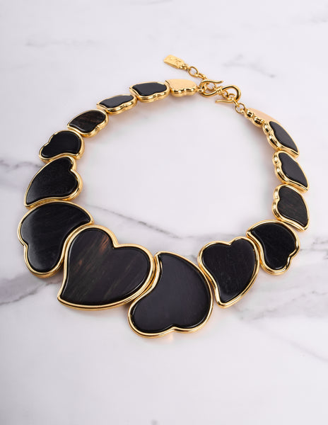 Yves Saint Laurent Vintage Golden Ebony Wood Heart Necklace