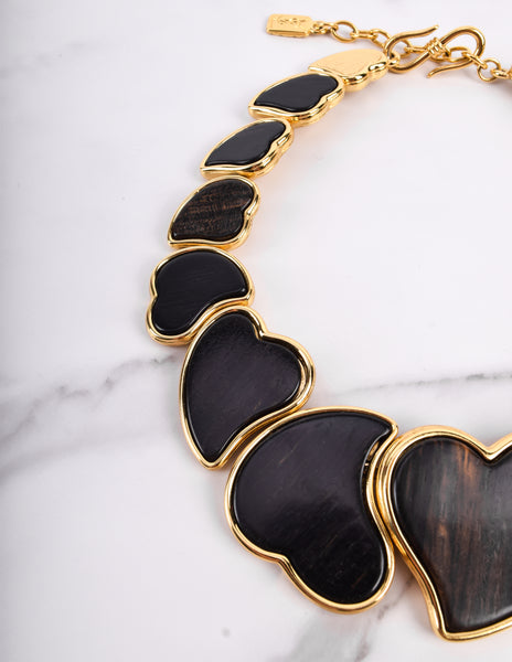 Yves Saint Laurent Vintage Golden Ebony Wood Heart Necklace