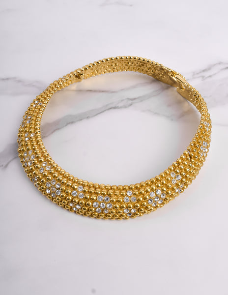Yves Saint Laurent Vintage Rhinestone Floral Golden Choker Necklace