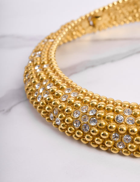 Yves Saint Laurent Vintage Rhinestone Floral Golden Choker Necklace