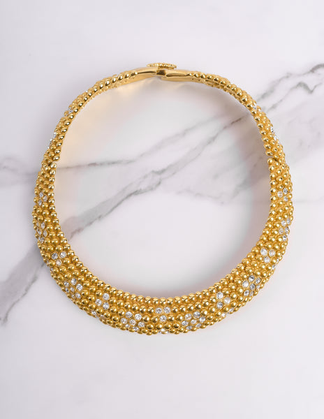 Yves Saint Laurent Vintage Rhinestone Floral Golden Choker Necklace