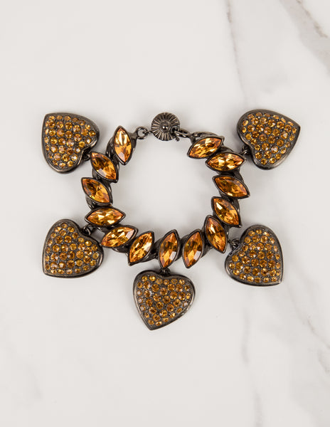 Yves Saint Laurent Vintage Amber Crystal and Gunmetal Heart Charm Bracelet