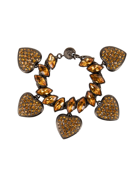 Yves Saint Laurent Vintage Amber Crystal and Gunmetal Heart Charm Bracelet