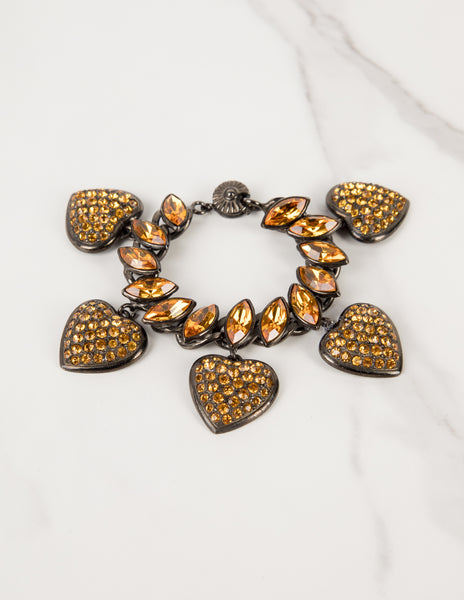 Yves Saint Laurent Vintage Amber Crystal and Gunmetal Heart Charm Bracelet