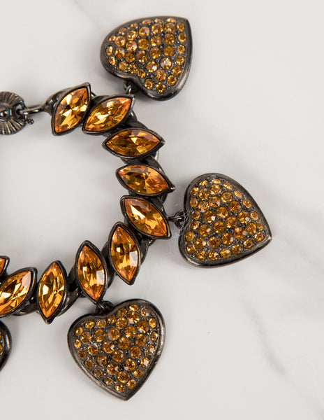 Yves Saint Laurent Vintage Amber Crystal and Gunmetal Heart Charm Bracelet
