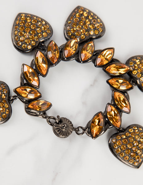 Yves Saint Laurent Vintage Amber Crystal and Gunmetal Heart Charm Bracelet