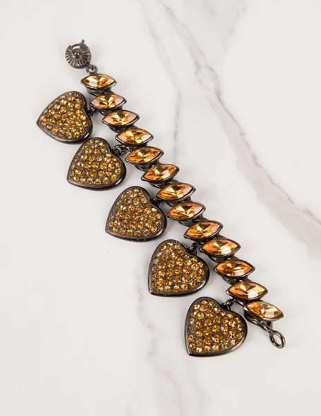 Yves Saint Laurent Vintage Amber Crystal and Gunmetal Heart Charm Bracelet