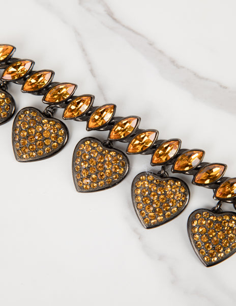 Yves Saint Laurent Vintage Amber Crystal and Gunmetal Heart Charm Bracelet