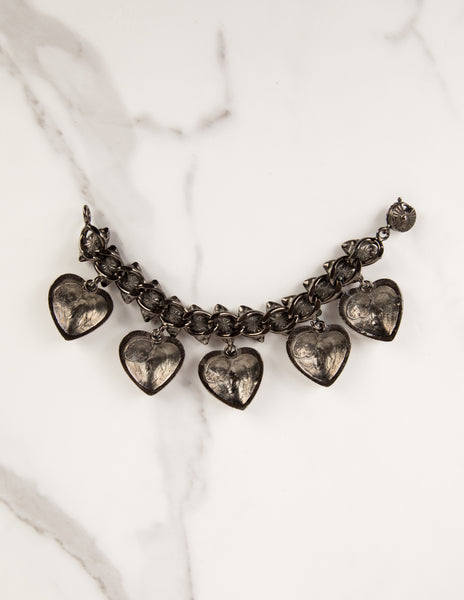 Yves Saint Laurent Vintage Amber Crystal and Gunmetal Heart Charm Bracelet