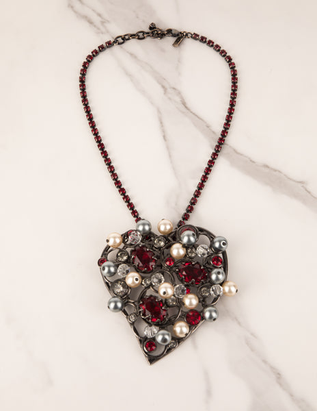 Yves Saint Laurent Vintage Large Pearl and Crystal Gunmetal Heart Necklace