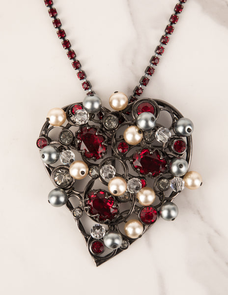 Yves Saint Laurent Vintage Large Pearl and Crystal Gunmetal Heart Necklace
