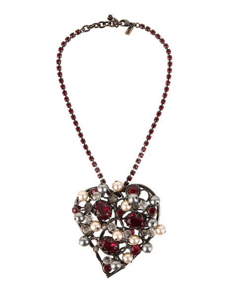 Yves Saint Laurent Vintage Large Pearl and Crystal Gunmetal Heart Necklace