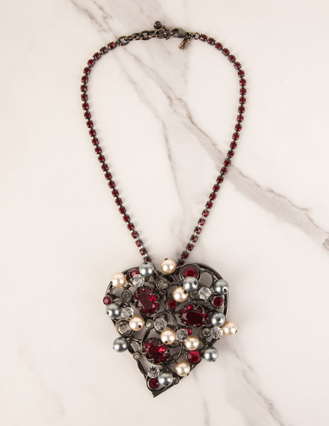 Yves Saint Laurent Vintage Large Pearl and Crystal Gunmetal Heart Necklace
