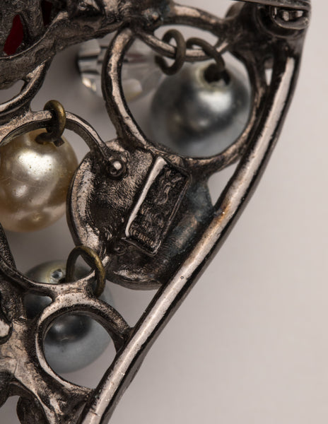 Yves Saint Laurent Vintage Large Pearl and Crystal Gunmetal Heart Necklace