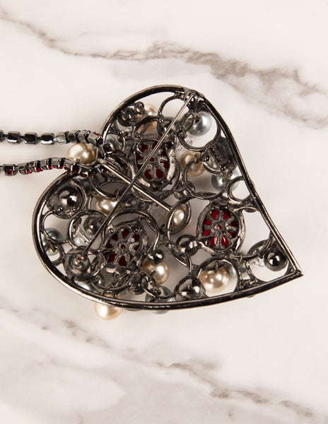 Yves Saint Laurent Vintage Large Pearl and Crystal Gunmetal Heart Necklace