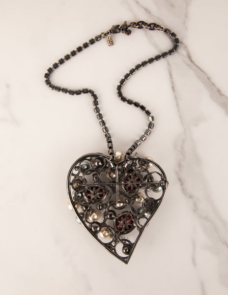 Yves Saint Laurent Vintage Large Pearl and Crystal Gunmetal Heart Necklace