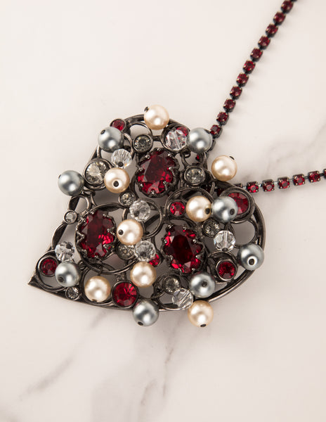Yves Saint Laurent Vintage Large Pearl and Crystal Gunmetal Heart Necklace
