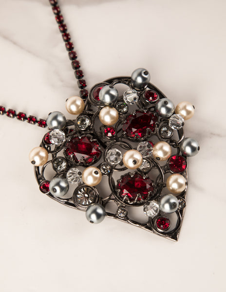 Yves Saint Laurent Vintage Large Pearl and Crystal Gunmetal Heart Necklace
