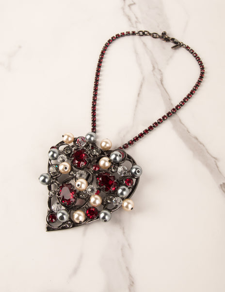Yves Saint Laurent Vintage Large Pearl and Crystal Gunmetal Heart Necklace
