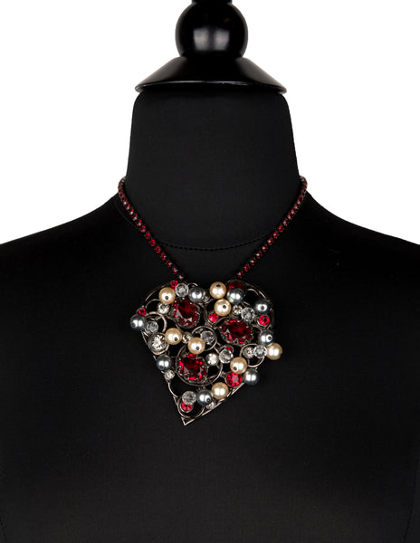 Yves Saint Laurent Vintage Large Pearl and Crystal Gunmetal Heart Necklace