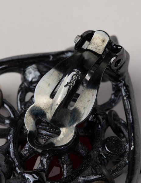 Yves Saint Laurent Vintage Gunmetal Crystal Pearl Heart Earrings