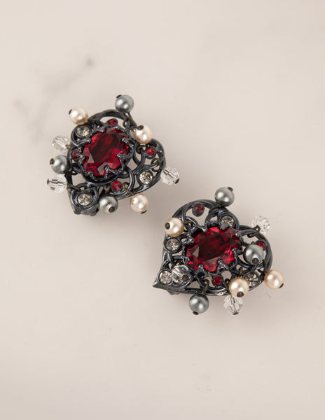 Yves Saint Laurent Vintage Gunmetal Crystal Pearl Heart Earrings