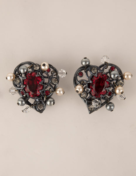 Yves Saint Laurent Vintage Gunmetal Crystal Pearl Heart Earrings