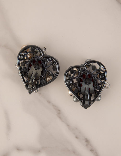 Yves Saint Laurent Vintage Gunmetal Crystal Pearl Heart Earrings