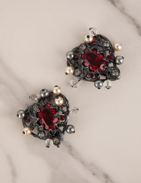 Yves Saint Laurent Vintage Gunmetal Crystal Pearl Heart Earrings