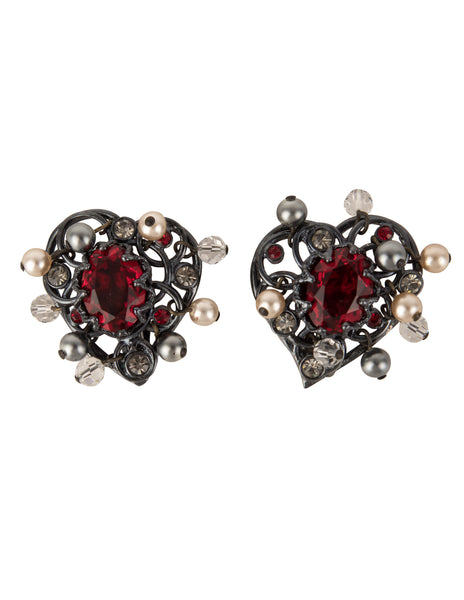 Yves Saint Laurent Vintage Gunmetal Crystal Pearl Heart Earrings