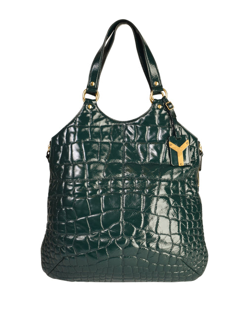 Yves Saint Laurent Vintage Dark Green Croc Embossed Patent