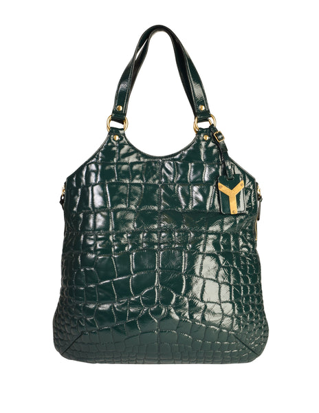 Yves Saint Laurent Vintage Dark Green Croc Embossed Patent Leather Metropolis Tribute Tote Bag