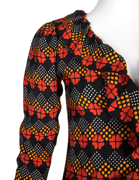 Yves Saint Laurent  Haute Couture Vintage AW 1971 Optical Floral Print Silk Ruffle Dress