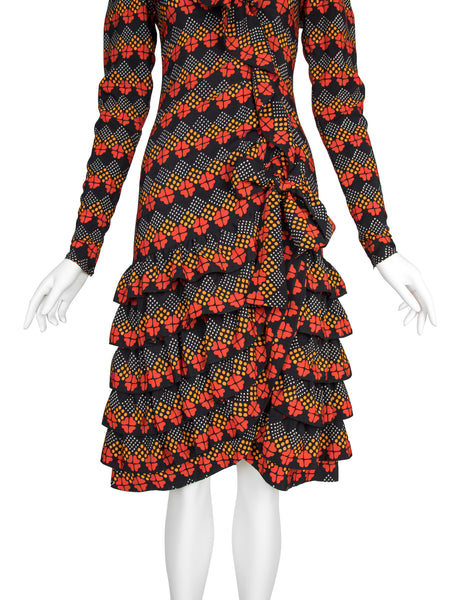 Yves Saint Laurent  Haute Couture Vintage AW 1971 Optical Floral Print Silk Ruffle Dress