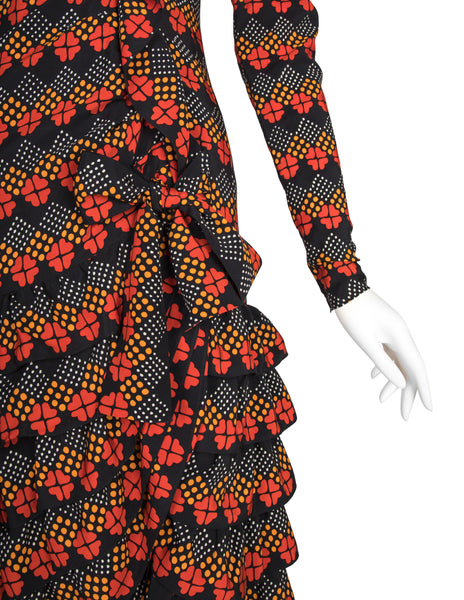 Yves Saint Laurent  Haute Couture Vintage AW 1971 Optical Floral Print Silk Ruffle Dress