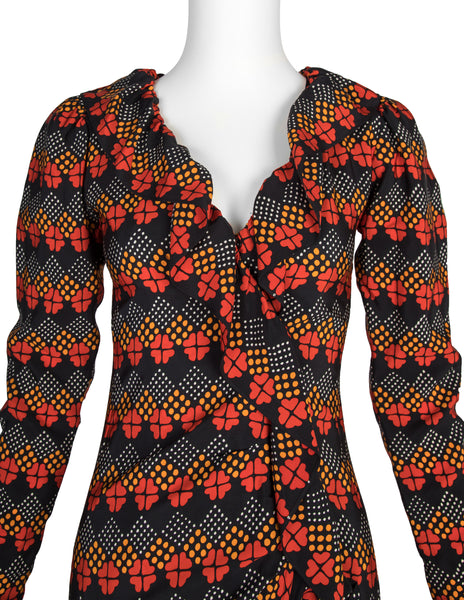 Yves Saint Laurent  Haute Couture Vintage AW 1971 Optical Floral Print Silk Ruffle Dress
