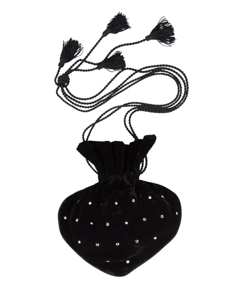 Yves Saint Laurent Vintage Haute Couture Black Velvet Rhinestone Drawstring Bag