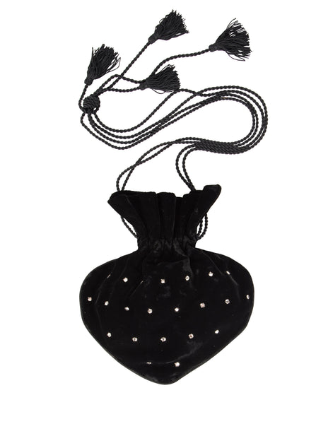 Yves Saint Laurent Vintage Haute Couture Black Velvet Rhinestone Drawstring Bag