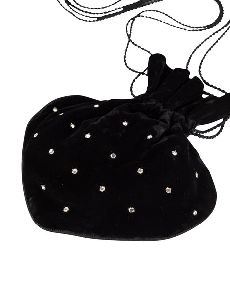 Yves Saint Laurent Vintage Haute Couture Black Velvet Rhinestone Drawstring Bag