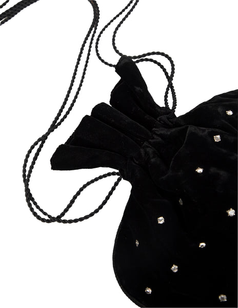 Yves Saint Laurent Vintage Haute Couture Black Velvet Rhinestone Drawstring Bag
