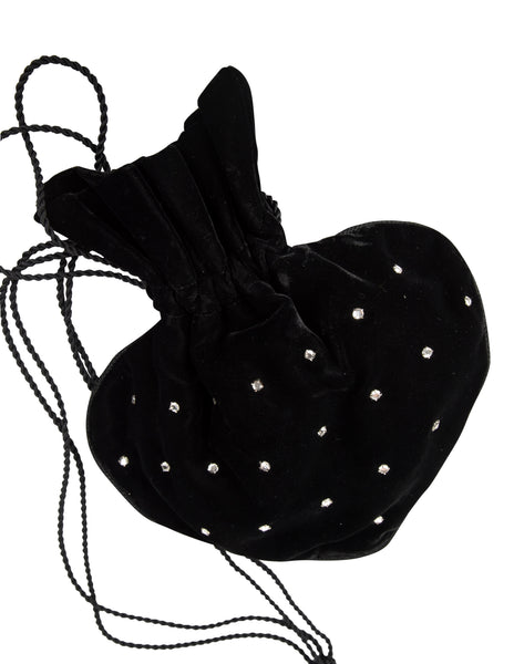 Yves Saint Laurent Vintage Haute Couture Black Velvet Rhinestone Drawstring Bag