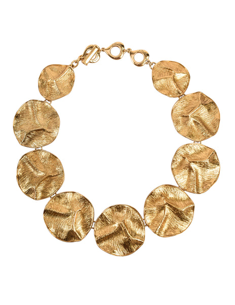 Yves Saint Laurent Vintage Phenomenal Golden Crinkled Disc Statement Necklace