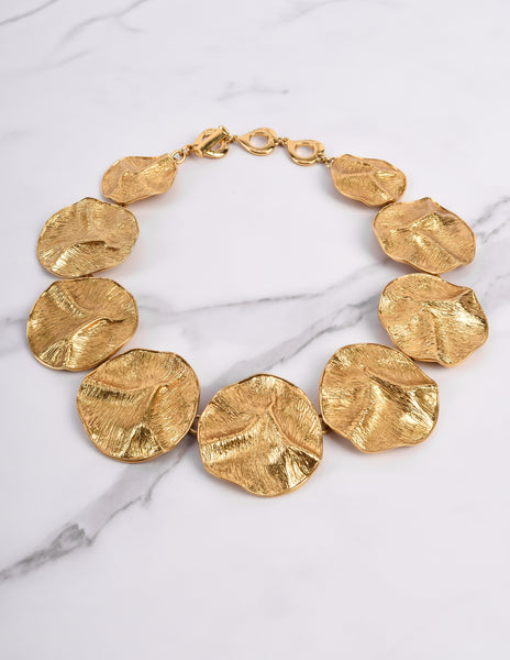 Yves Saint Laurent Vintage Phenomenal Golden Crinkled Disc Statement Necklace