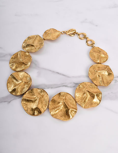 Yves Saint Laurent Vintage Phenomenal Golden Crinkled Disc Statement Necklace