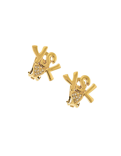 Yves Saint Laurent Vintage Golden YSL Rhinestone Heart Earrings